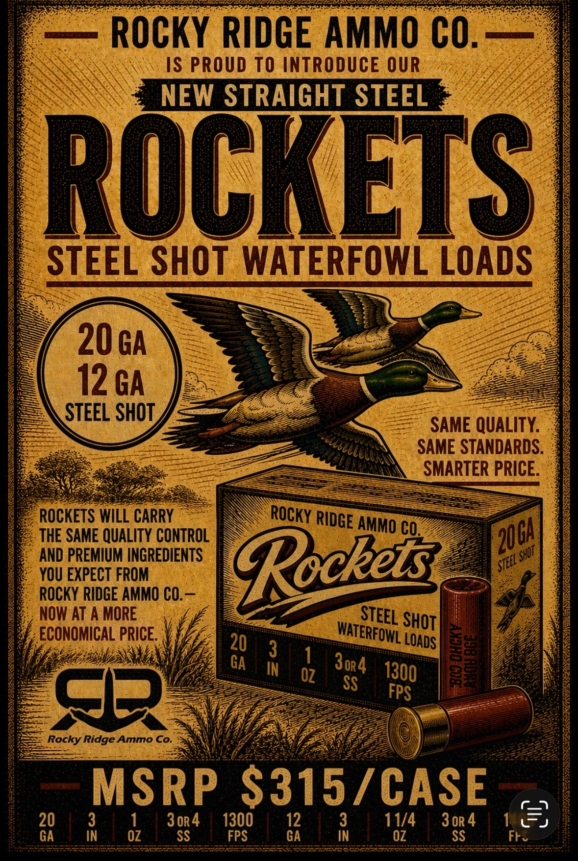 Rocky Ridge Rockets 12ga 3” Steel Waterfowl 1-1/4oz 1400fps 250rd bulk case with Wax Canvas bag