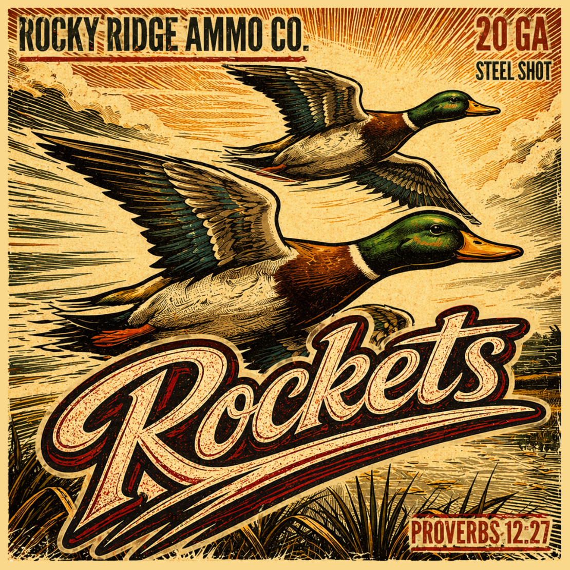 Rocky Ridge Rockets 20ga 3” 1oz 1300fps Bulk 250 round case with heavy duty Wax Canvas bag.
