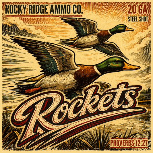 Rocky Ridge Rockets 20ga 3” 1oz 1300fps Bulk 250 round case with heavy duty Wax Canvas bag.